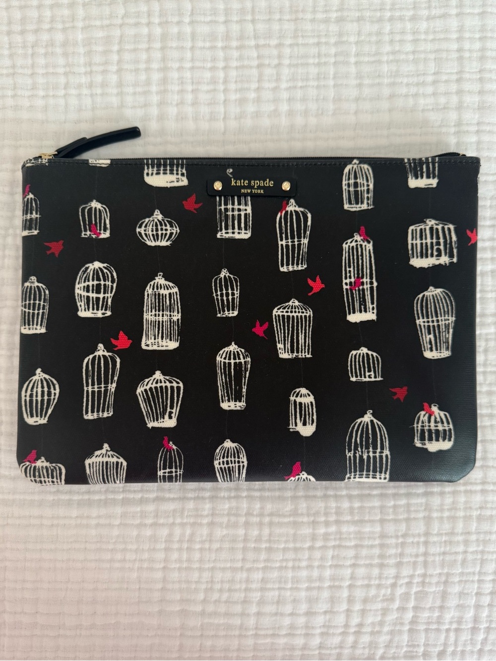 Kate Spade Black Zip Pouch with White Birdcage & Red Bird Accents